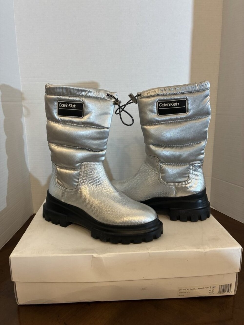 Calvin Klein LAETON Puffy Bomber Winter Boots In Silver Size 7M